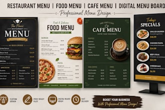 design restaurant menu, food menu, cafe menu and digital menu board