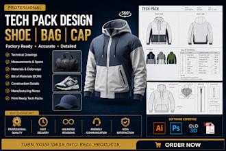 create men and woman shoe tech pack, bag tech pack, fashion clothe tech pack