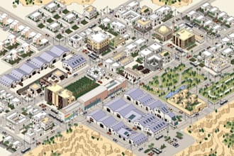 design 3d isometric city masterplan,urban planning layout,illustrated map render