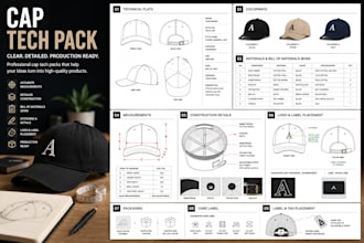 create cap and headwear tech packs with measurements, bom, and production specs