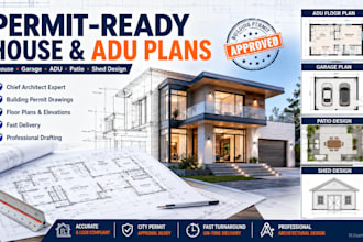 design floor plan, adu, garage, patio, and shed plan for building permit