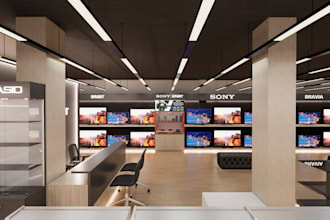 design 3d electronics showroom, gadget shop, toy store, retail store interior,