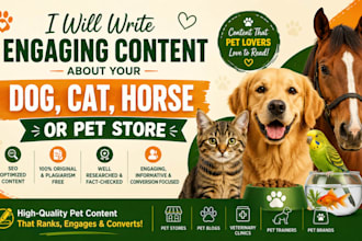 write about your dog, cat, horse or pet store or website