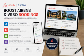 boost airbnb bookings, vrbo listing SEO, email marketing and facebook ads