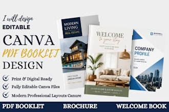design editable canva pdf booklet, real estate brochure, airbnb welcome book
