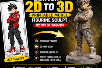 convert 2d to 3d printable model figurine sculpt stylised 3d character, 2d to 3d