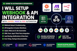 setup webhook API integration, zapier, make com, n8n automation