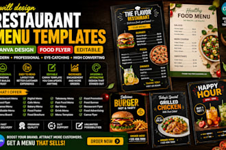 design restaurant menu templates, canva design, food flyer, editable