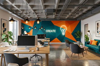 design realistic 3d office interior, workspace and commercial space