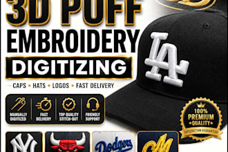 do premium 3d puff embroidery digitizing for caps, hats