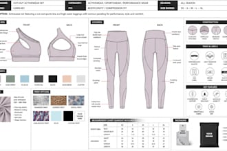 create leggings, sport bra and active wear set tech pack for production