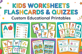 design engaging kids learning worksheets and  flashcards