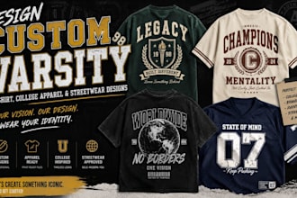 design custom varsity t shirt, college apparel and streetwear designs