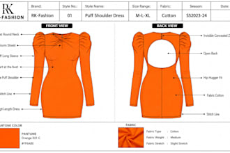 create dress, co ord set, bodysuit, crop top and skirt tech pack