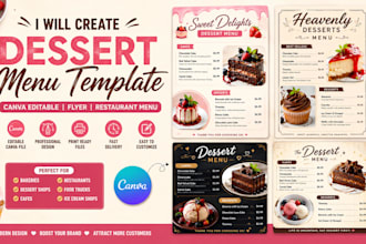 create dessert menu templates, canva editable, flyer, restaurant menu