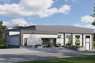 visualize 2d house plan, modern factory storage building, exterior facade render