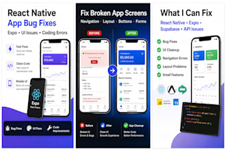 fix react native expo app bugs UI errors or coding issues