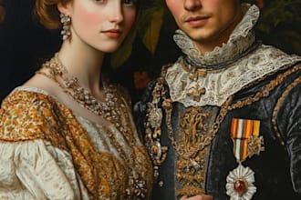a royal couple portrait in renaissance painting style