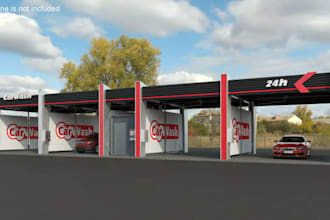 design car wash station, fuel pump, parking lot,  cgi service facility rendering