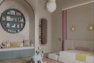 do 3d nursery,kids bedroom, whimsical room decor, photorealistic interior render