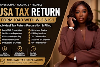 prepare USA personal tax return form 1040 with w2 and k1