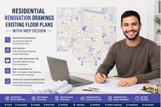 create residential renovation drawings, existing floor plans with mep design