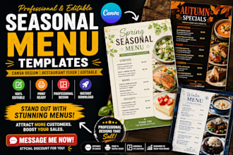 create seasonal menu templates, canva design, restaurant flyer, editable