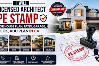 licensed architect pe stamp for house plan, patio, garage, deck, adu plan in ca
