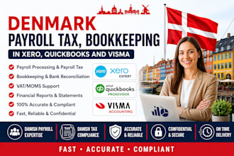 manage denmark payroll tax, bookkeeping in xero, quickbooks and visma