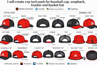 design cap tech pack for baseball cap, snapback, trucker bucket hat tech pack
