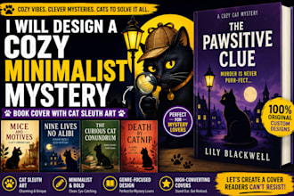 design a cozy minimalist mystery book cover with cat sleuth art