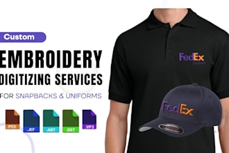 digitize logo, image to embroidery design for snapbacks, uniforms to dst, pes