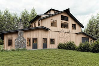 design functional 2d floor plan, traditional barn house render, exterior visuals