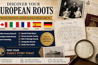 do genealogy research fo italian, canadian, french, spanish, german ancestors