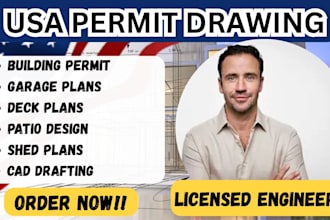 create building plan for city permit approval, garage, deck, patio and shed