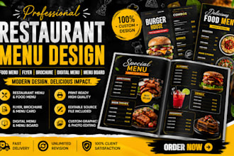 design restaurant menu, food menu, flyer, brochure, digital menu and menu board