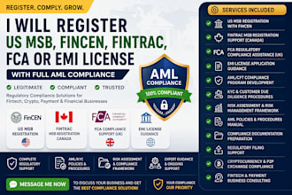 register US msb, fincen, fintrac, fca or emi license with full aml compliance