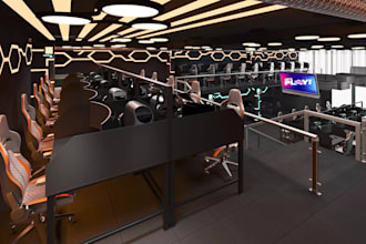 design 3d modern gaming center, esports arena, gaming lounge, arcade hub