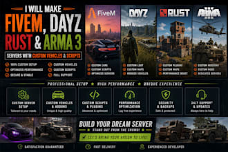 make fivem, dayz, rust, and arma 3 servers with custom vehicles, scripts