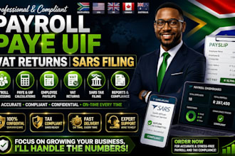 process payroll, paye uif, employee payslips, vat returns, and sars tax filing