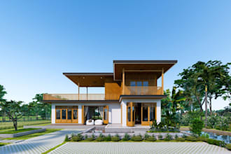 visualize 3d photoreal countryside house render, outdoor landscape design,revit