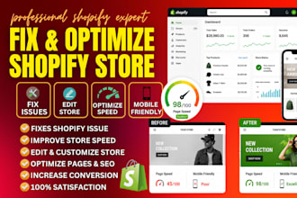 fix setup shopify bugs, edit shopify store, optimize shopify pages, liquid code