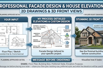 facade design, house elevation drawing, 3d front view, building exterior plan