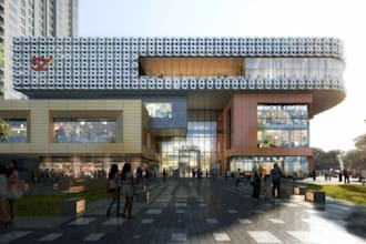 create 3d shopping complex, retail store supermarket commercial building renders