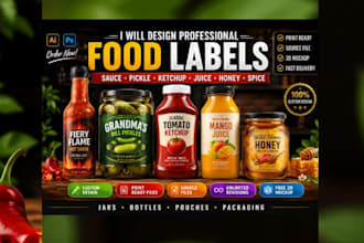 design vial label, food jar labels, sauce, pickle, ketchup, juice bottle label