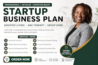 write startups business plan for homecare, alf, behavioral health, mental health