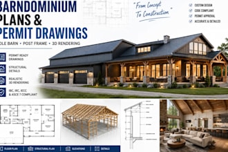 barndominium house plan post frame pole barn city permit drawing 3d rendering