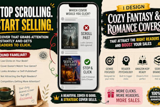 design a cozy fantasy romance book cover readers click