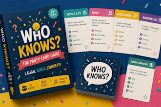 design party card game, trivia game, tarot card deck, card box for card game art