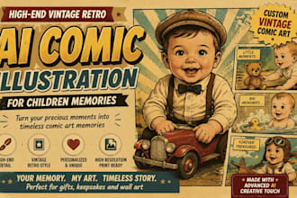 create highend vintage retro baby ai comic illustration for children memories